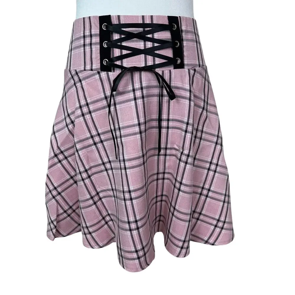 Idealsanxun Women's Plaid Mini Skirt Pink Black Lace Up Corset Waist Size L